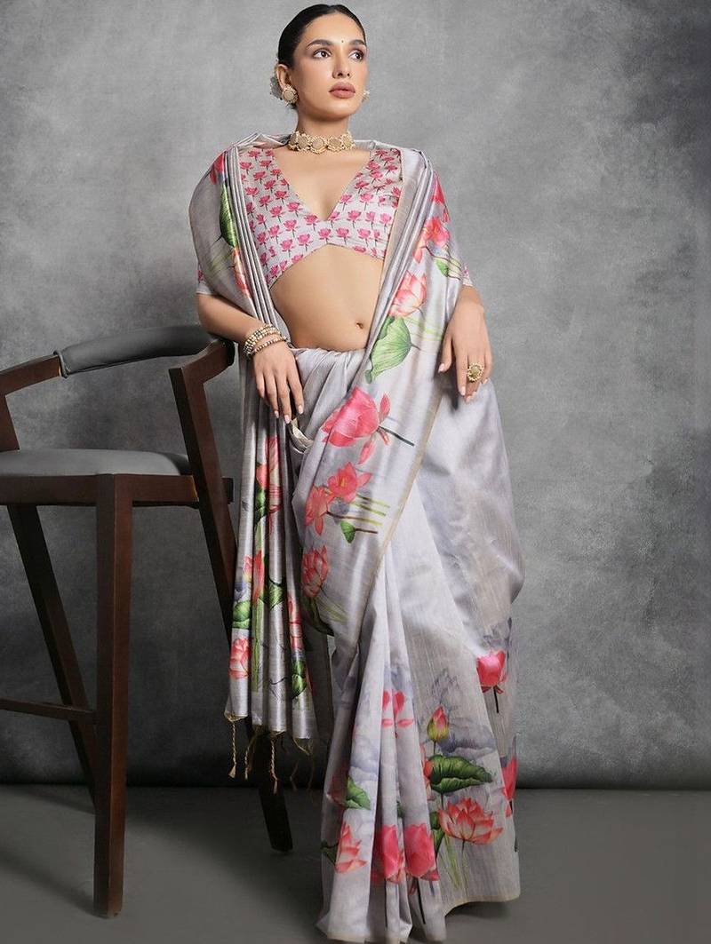 Silver floral silk cotton designer tussar saree