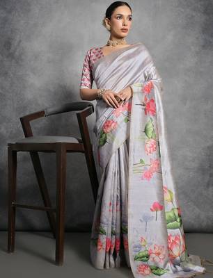 Silver floral silk cotton designer tussar saree 2