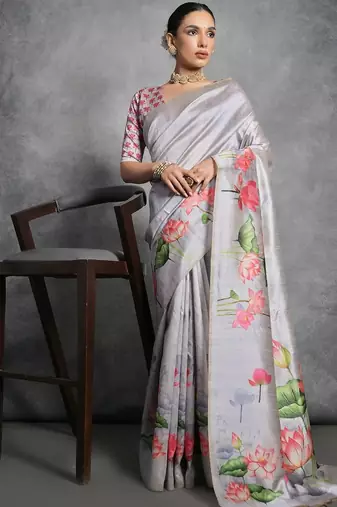Silver floral silk cotton designer tussar saree