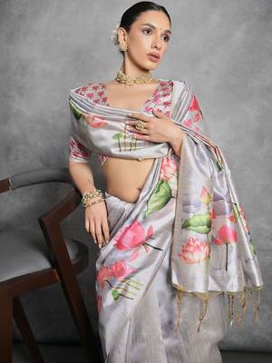 Silver floral silk cotton designer tussar saree 3