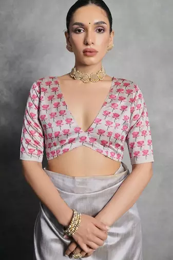 Silver floral silk cotton designer tussar saree