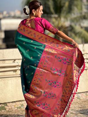 Green woven design zari silk blend paithani saree 3