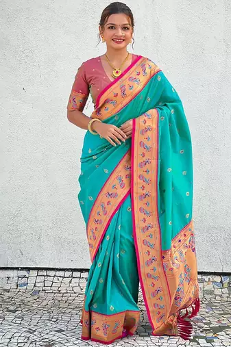 Blue woven design zari silk blend paithani saree