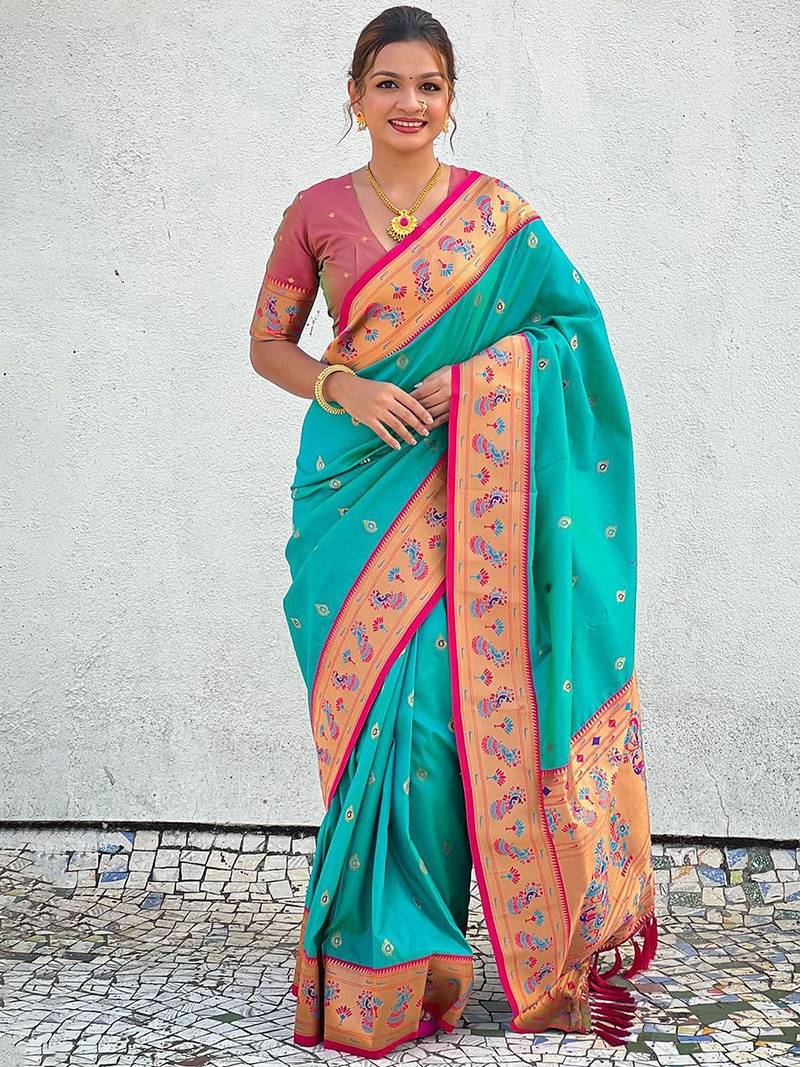Blue woven design zari silk blend paithani saree