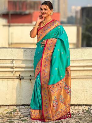 Blue woven design zari silk blend paithani saree 2