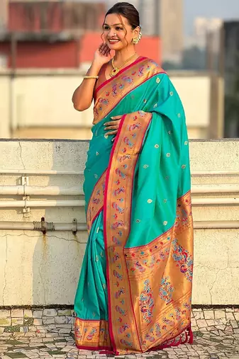 Blue woven design zari silk blend paithani saree