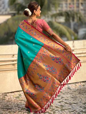 Blue woven design zari silk blend paithani saree 3