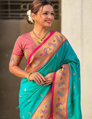 Blue woven design zari silk blend paithani saree 4