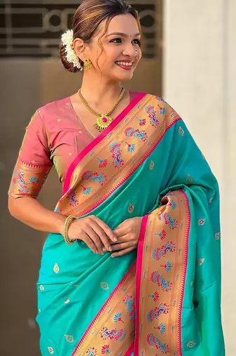 Blue woven design zari silk blend paithani saree