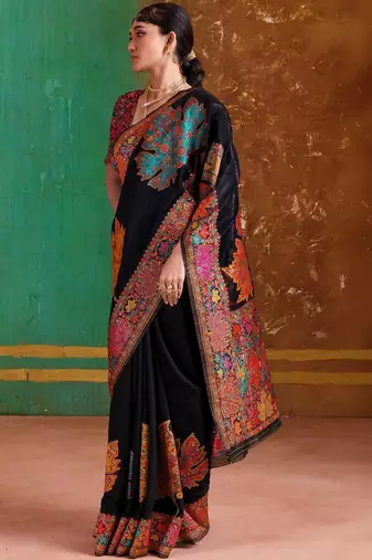 Black floral silk blend banarasi saree