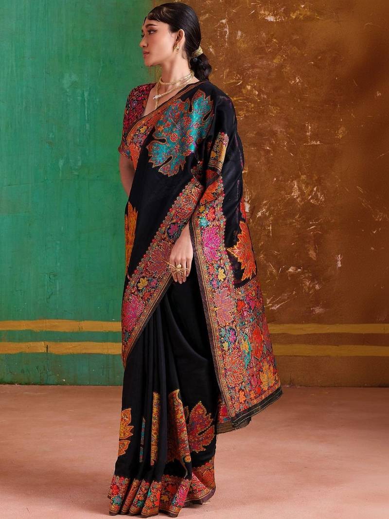 Black floral silk blend banarasi saree