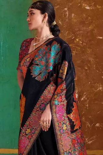 Black floral silk blend banarasi saree
