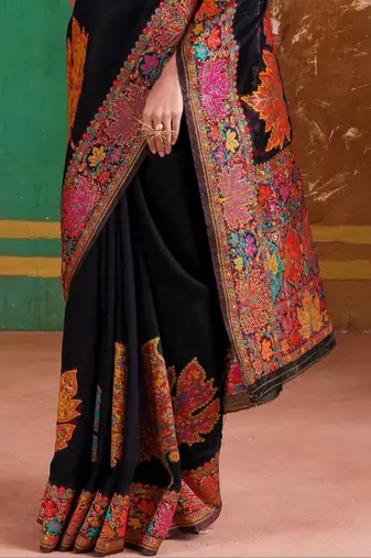 Black floral silk blend banarasi saree
