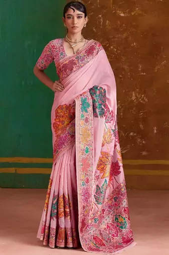Pink floral silk blend banarasi saree
