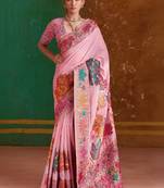 Pink floral silk blend banarasi saree