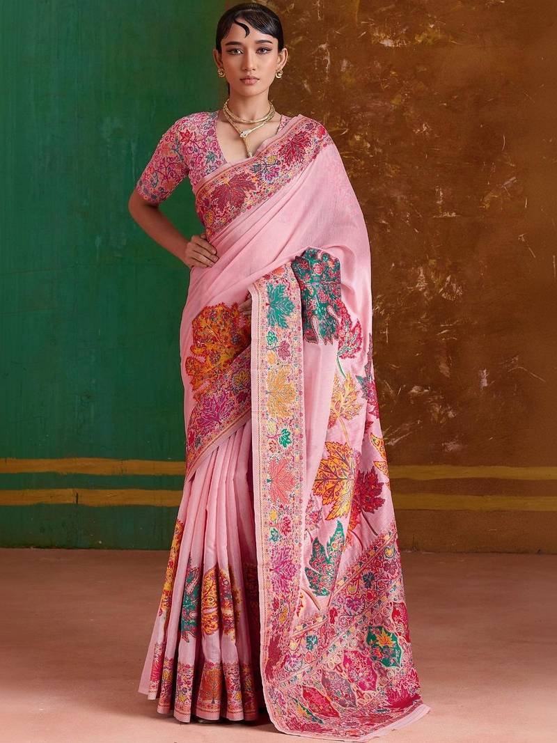Pink floral silk blend banarasi saree