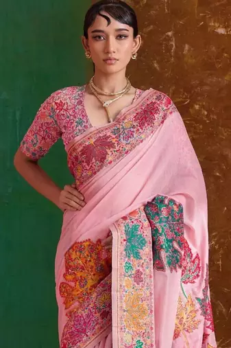 Pink floral silk blend banarasi saree