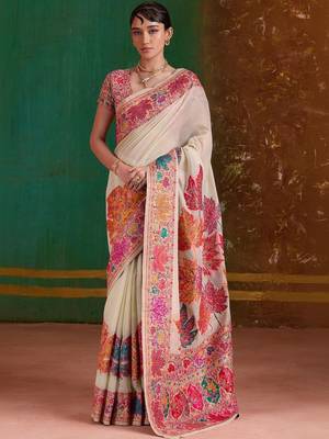Off white floral silk blend banarasi saree 1