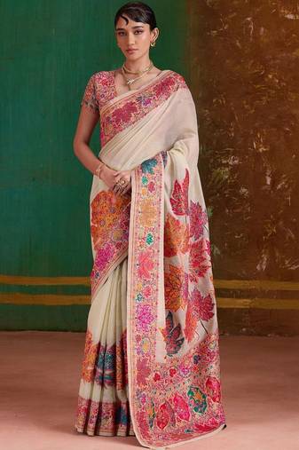 Off white floral silk blend banarasi saree