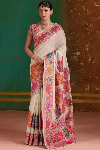 Off white floral silk blend banarasi saree