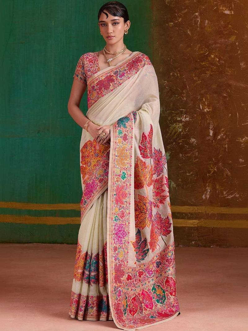 Off white floral silk blend banarasi saree