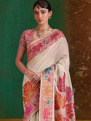 Off white floral silk blend banarasi saree 2
