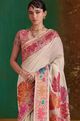 Off white floral silk blend banarasi saree