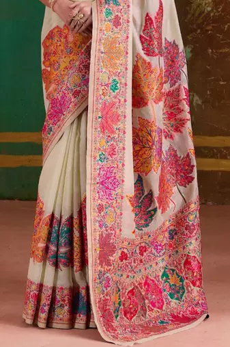 Off white floral silk blend banarasi saree