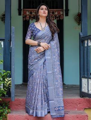 Purple floral zari  linen saree 1
