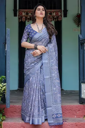 Purple floral zari  linen saree