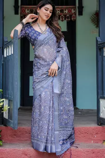 Purple floral zari  linen saree