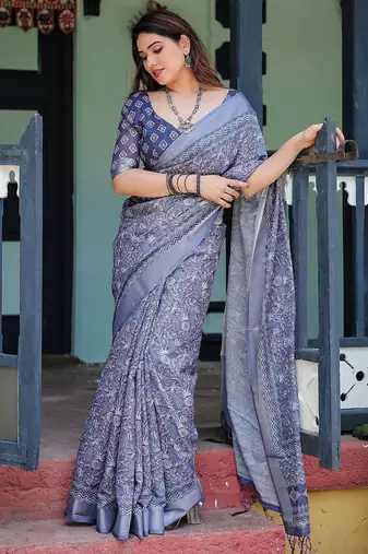 Purple floral zari  linen saree