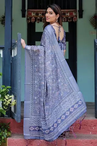 Purple floral zari  linen saree
