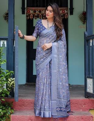 Purple floral zari  linen saree 5