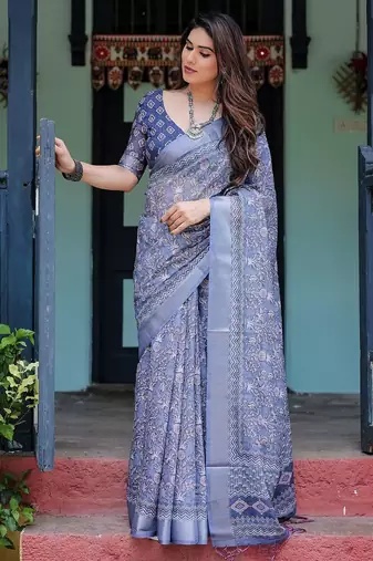 Purple floral zari  linen saree