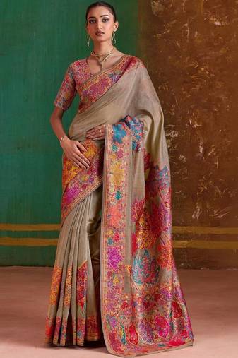 Beige floral silk blend banarasi saree