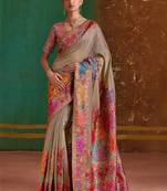 Beige floral silk blend banarasi saree