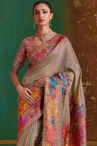 Beige floral silk blend banarasi saree