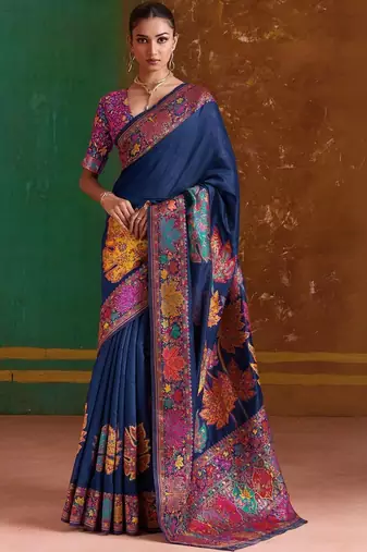 Navy blue floral silk blend banarasi saree