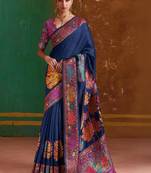 Navy blue floral silk blend banarasi saree