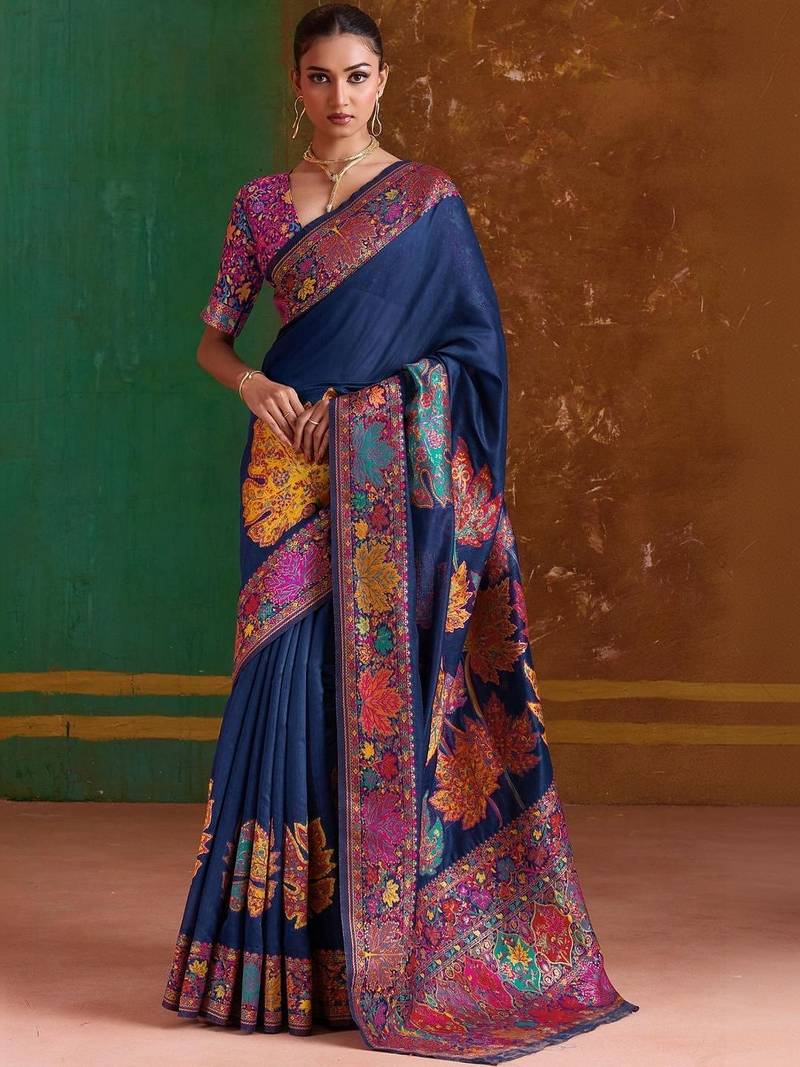 Navy blue floral silk blend banarasi saree