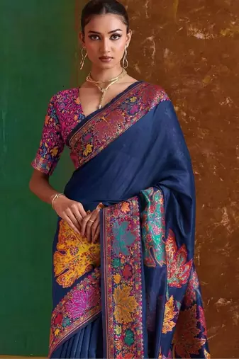 Navy blue floral silk blend banarasi saree