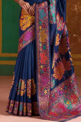 Navy blue floral silk blend banarasi saree
