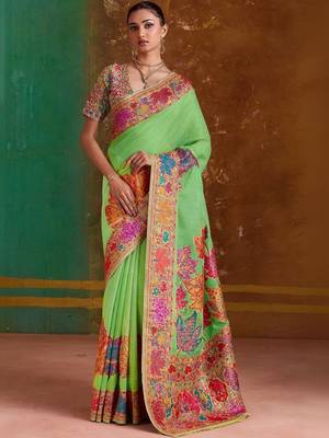 Lime floral silk blend banarasi saree 1