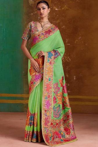 Lime floral silk blend banarasi saree