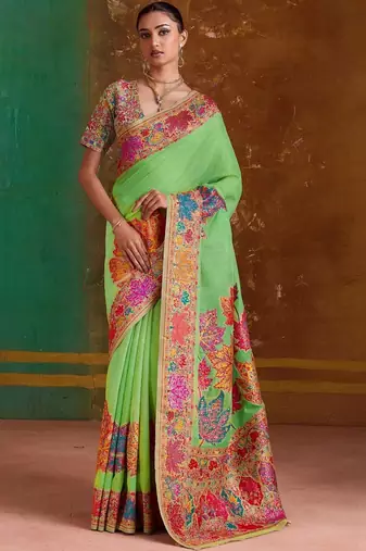 Lime floral silk blend banarasi saree