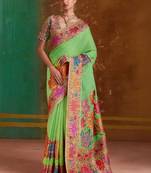 Lime floral silk blend banarasi saree