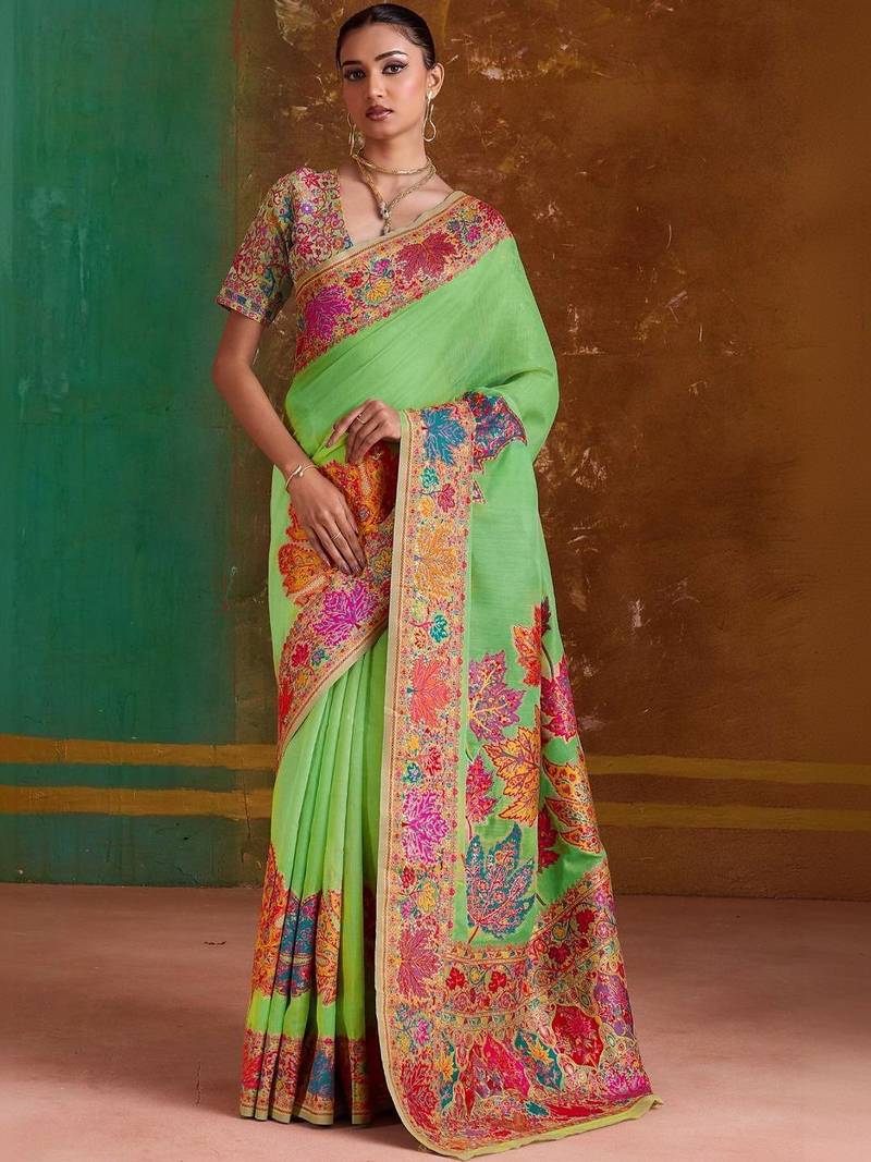 Lime floral silk blend banarasi saree