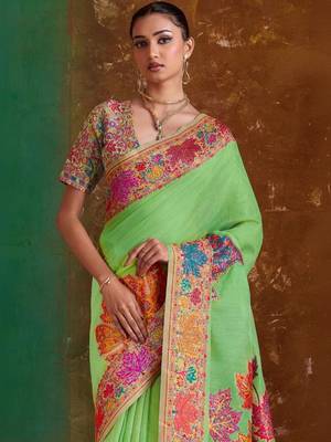 Lime floral silk blend banarasi saree 2