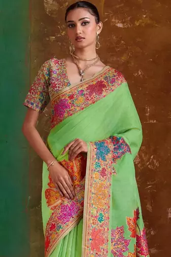 Lime floral silk blend banarasi saree